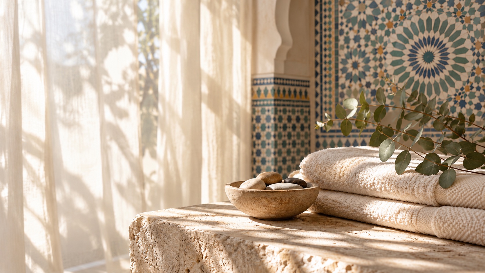 Sunlit ivory towels and a ceramic bowl beside muted blue-green Moroccan mosaic tiles
